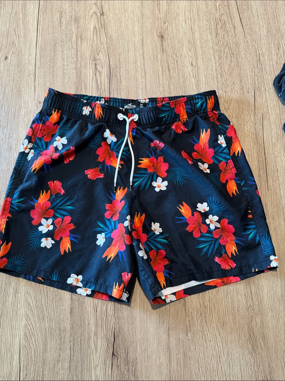 Hollister Black Swim Trunks with Red & Orange Floral Print